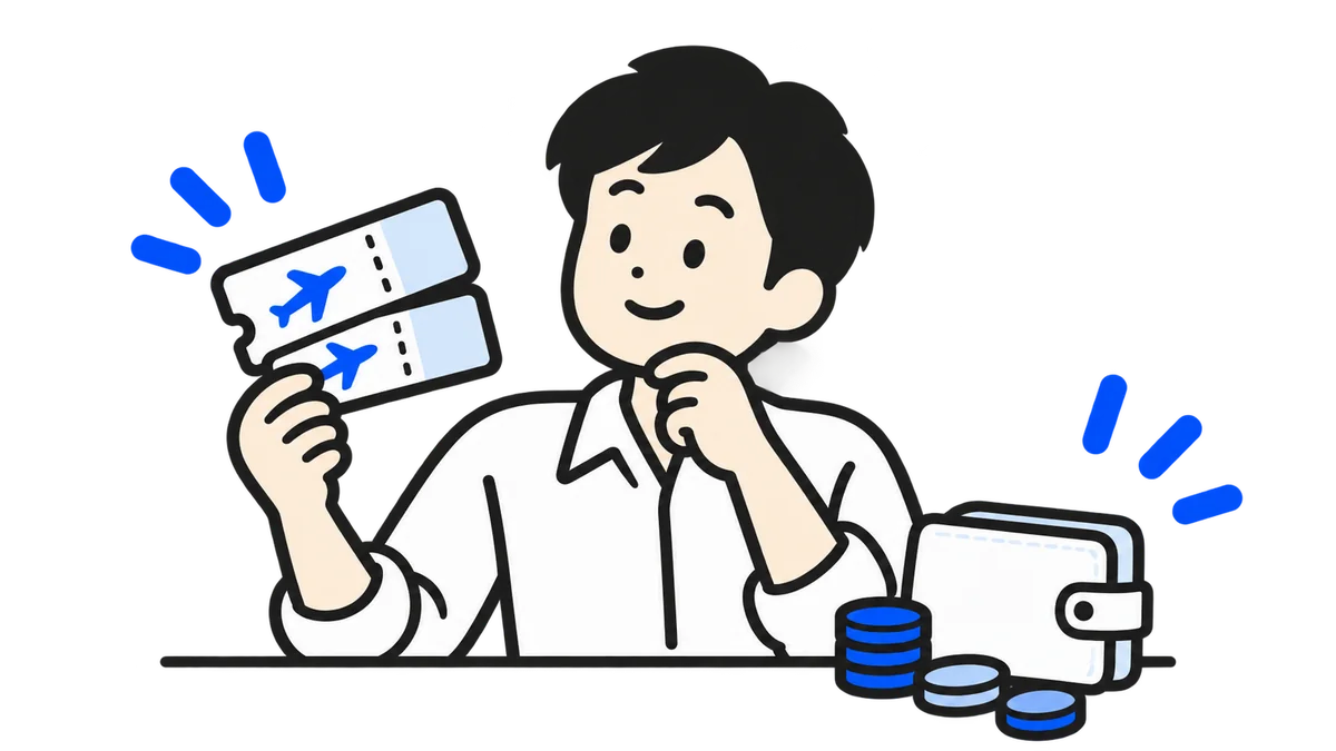 航空券と財布を見比べ、別に支払う費用を確認する人