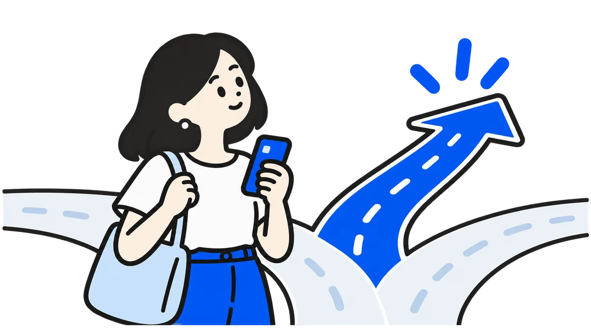 スマートフォンを持ち、近道を検討する若い社会人