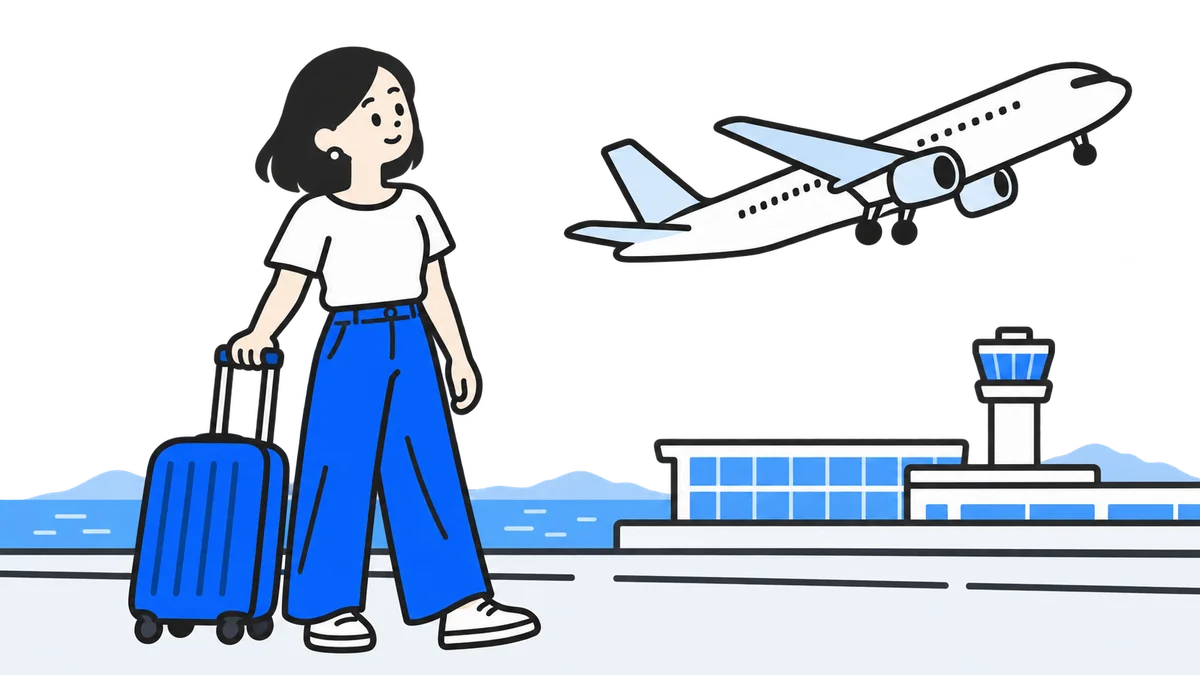 海辺の空港から飛び立つ飛行機と、旅行かばんを持つ人