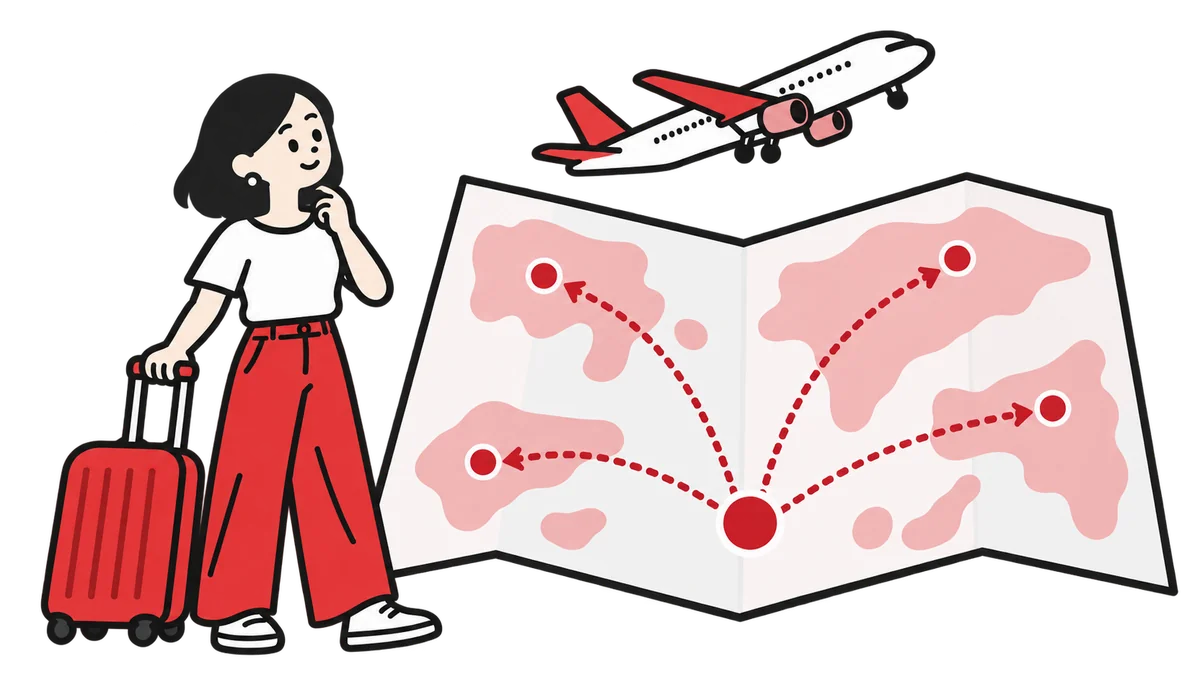 一つの出発点から、複数の旅先へ広がる航路のイメージ