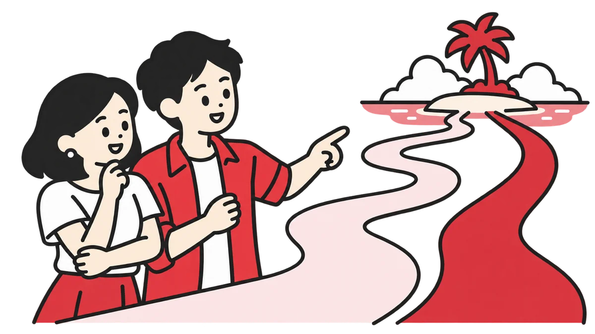 長さの違う道を見比べ、旅行の計画を相談する夫婦