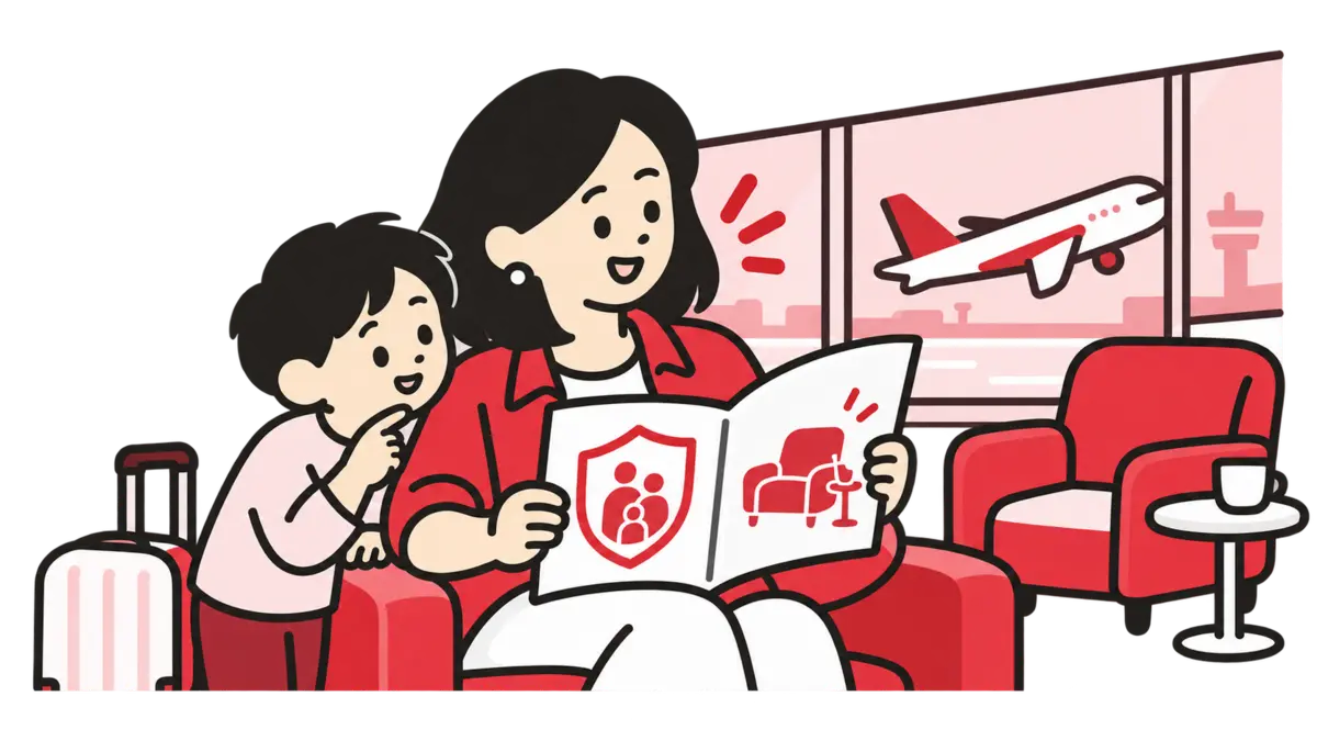 家族での海外旅行に向け、カードの保険や空港でのサービスを検討する人