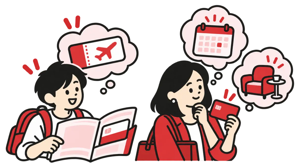 学生と若い社会人が、それぞれに合うカードの特典を確認するイメージ