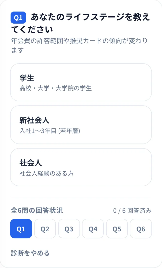 診断の最初の質問「あなたのライフステージを教えてください」の画面